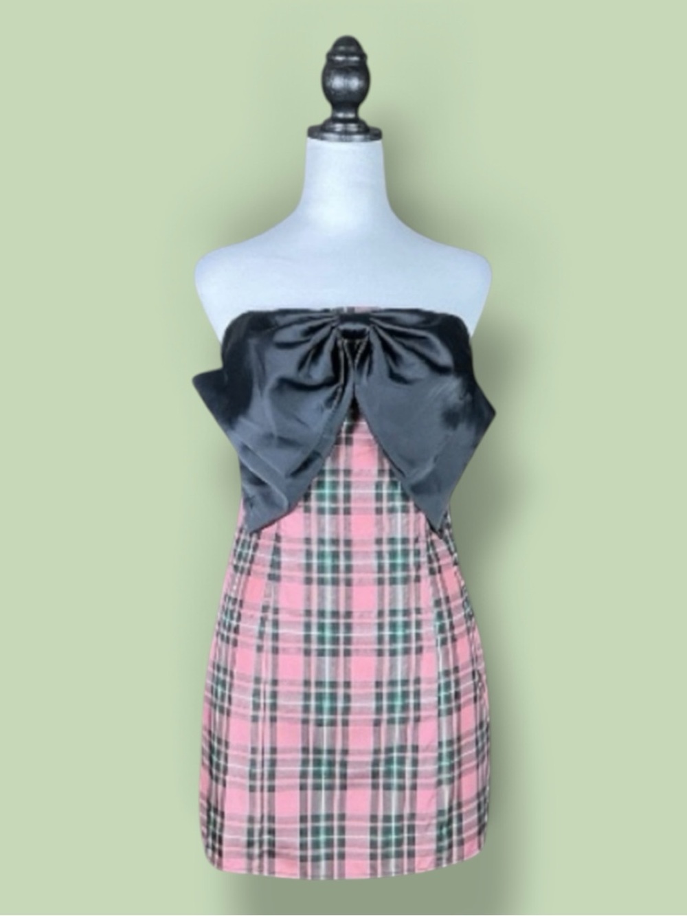 Urban Outfitters Kimchi Blue Dress Pink Black Plaid Strapless Satin Bow M NWT